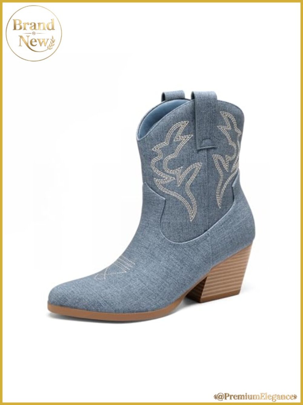 Pointed Toe Western Ankle Boots Embroidered Stitched Low Block Heel Booties